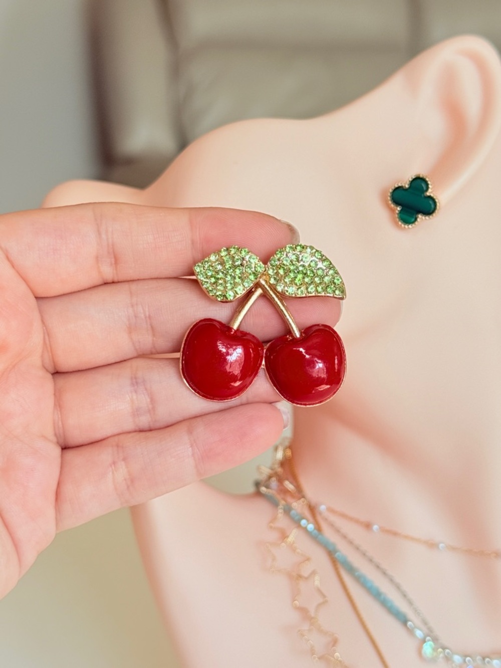 Cherry Enamel and Crystal Leaf Statement Earrings